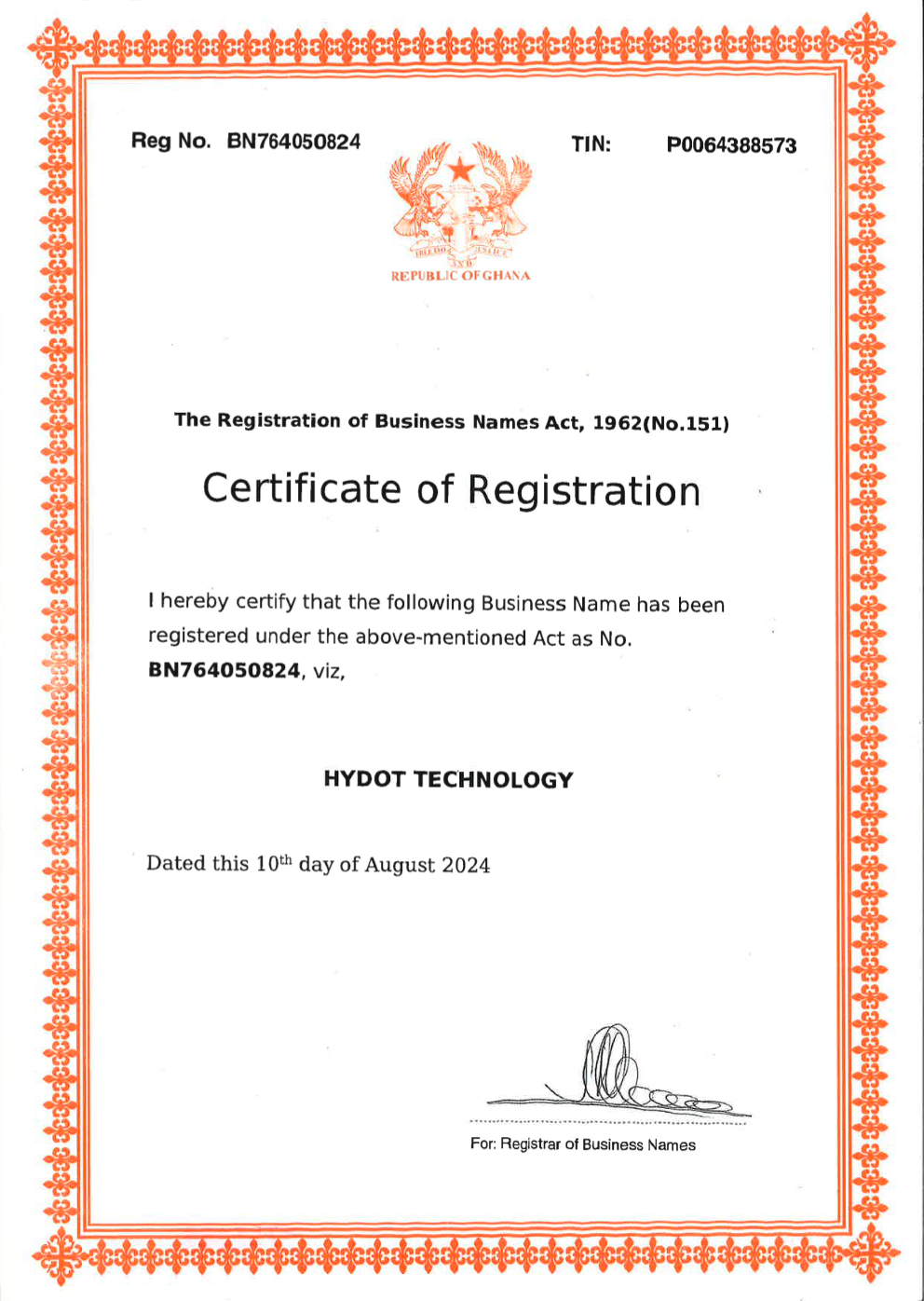 Hydot Tech Business Registration Certificate